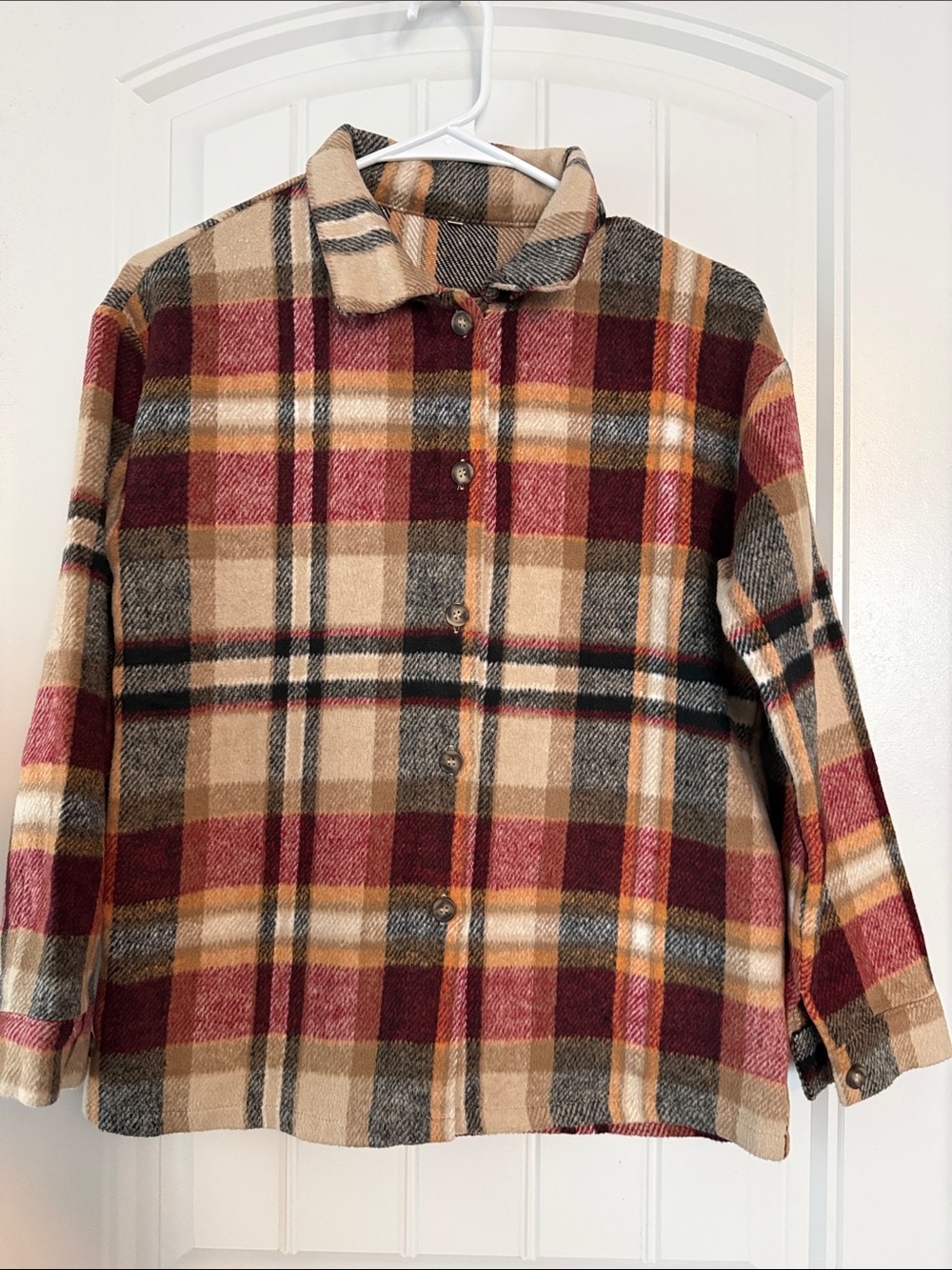 Source Unknown Plaid Button-Front Shirt Jacket - Beige, Burgundy, Mustard